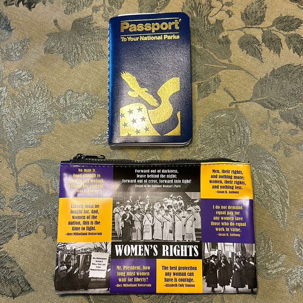 National parks “passport” book and Women’s rights zippered pouch